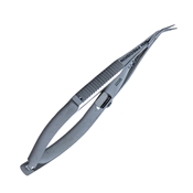 Barraquer Corneal Section Scissors, Right, With Serrated Handle, 45 Degree Angled Blades Up, Blunt Tips, With Finger Slide Lock, 12mm Mid-Screw To Tip Length, And Overall Length Of 4" (100mm) 